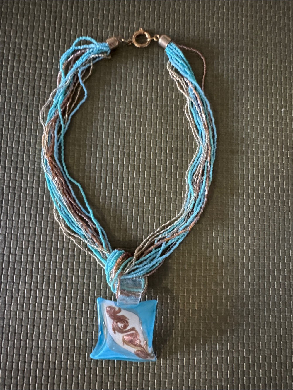Beaded Turquoise & Brown Glass Pendant Necklace